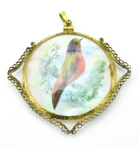 Antique Love Birds Pendant w Real Bird Feathers: Antique Love Birds Pendant w Real Bird Feathers. Gold filled frame and double sided glass panel locket with scenes of birds on both sides. The birds are made using real bird feathers. Marked Pat Pend,