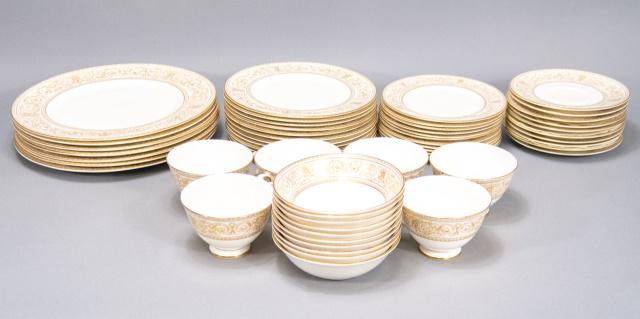Royal Doulton Bone China Sovereign Partial Service: Royal Doulton Bone China "Sovereign" Partial Service. Includes 7 dinner plates, 11 salad plates, 11 side plates, 10 teacups, 10 saucers, and 10 fruit bowls. Plates marked on bottom. Dinner plates meas