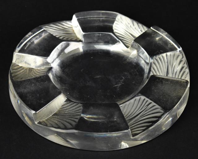 Lalique Crystal "Cuba" Ashtray: Lalique Crystal "Cuba" Ashtray. Executed in clear and frosted crystal, having repeating foliate designsAcid etched on bottom. Measures 1 inch x 6 inches in diameter.
