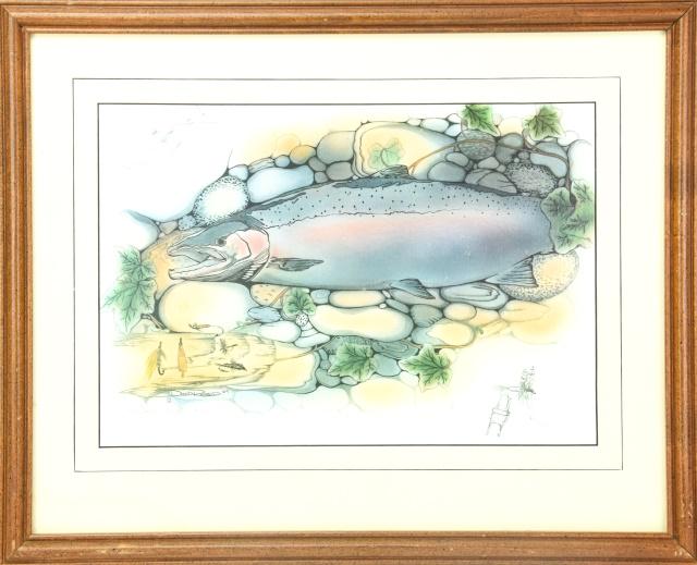 David Ruimveld Fly Fishing Trout Lithograph: David Ruimveld Fly Fishing Trout Lithograph. # 55/300/. Pencil signed. Lithograph measures 8.75 inches x 12.75 inches. Frame measures 14.5 inches x 18 inches