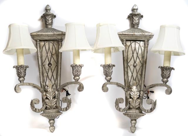 Pair Hollywood Regency Style Silver Tone Sconces (1 of 3)