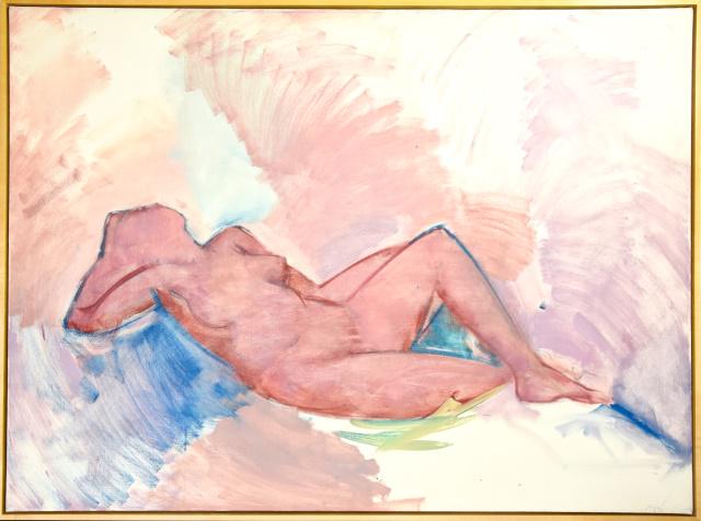 Abstract Framed Oil Painting of Female Nude: Oversized Professionally Framed Abstract Oil Painting of Reclining Female Nude. Signed by the artist. 46 inches x 62 inches. Property of a designer decorated North Salem, New York equestrian estate.