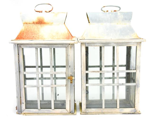 Pair Metal, Wood, and Glass Lanterns (1 of 5)