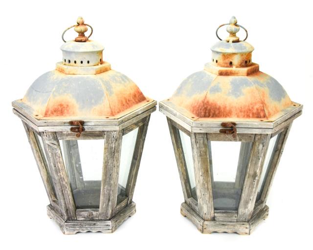 Pair Metal, Wood, and Glass Lanterns (1 of 6)