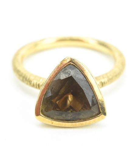 Estate Gold Over Sterling & Smoky Quartz Ring: Estate Gold Over Sterling Silver & Trillion Cut Smoky Quartz Solitaire Ring. Having a textured finish. Hallmarked. Can be resized.
