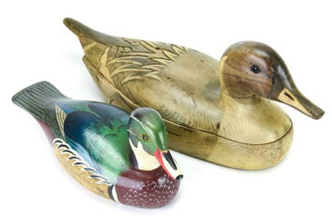 Tom Taber Hand Carved & Hand Painted Decoy Ducks: Tom Taber Hand Carved & Hand Painted Decoy Ducks. Larger duck is signed "Tom Taber" on bottom. Smaller duck is signed "J.A. Swan". Larger measures 6.25 inches x 16 inches x 5 inches.