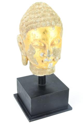 Gilt Concrete Buddha Head Statue on Metal Base (1 of 8)