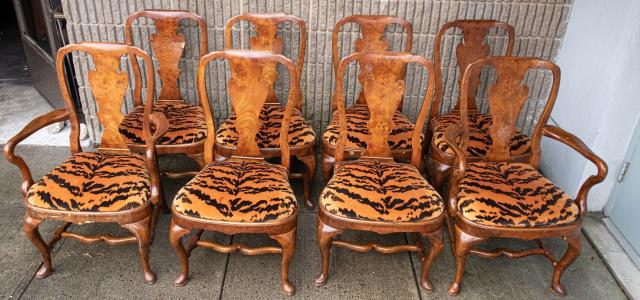 Set 8 Queen Anne Burled Wood Dining Chairs (1 of 5)
