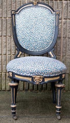 Antique Louis XVI Custom Upholstered Side Chair: Louis XVI Antique Frame Custom Upholstered Side Chair on Castors. Measures 38 inches x 14 inches x 16 inches x 16 inches from floor to seat.