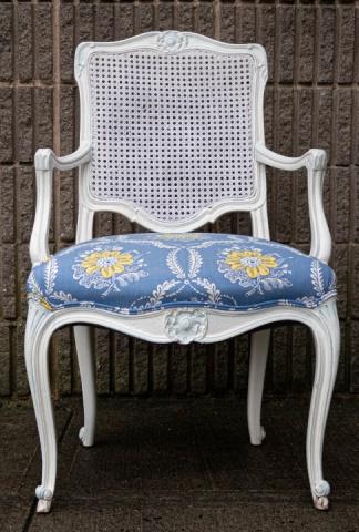 Louis XVI Style Whitewashed Caned Back Armchair: Louis XVI Style Whitewashed Caned Back Armchair. Measures 37 inches x 21 inches x 18 inches x 17 inches from floor to seat.