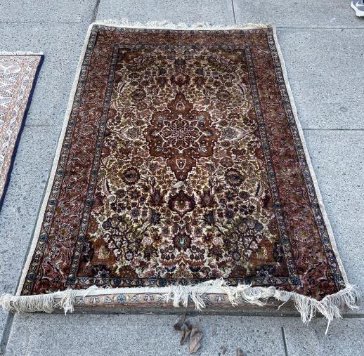 Persian Hand Knotted Area Rug w Center Medallion: Persian Hand Knotted Area Rug with Center Medallion & Floral Motifs. Having terracotta, olive green, and beige colorways. Measures 80 inches x 46 inches.