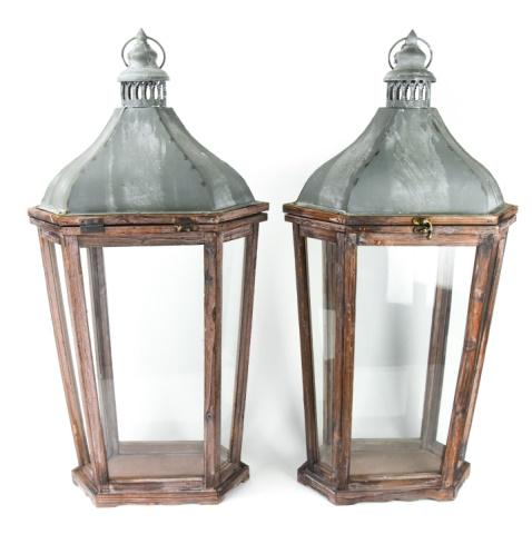 Pair Large Tin, Wood, & Glass Hanging Lanterns (1 of 9)