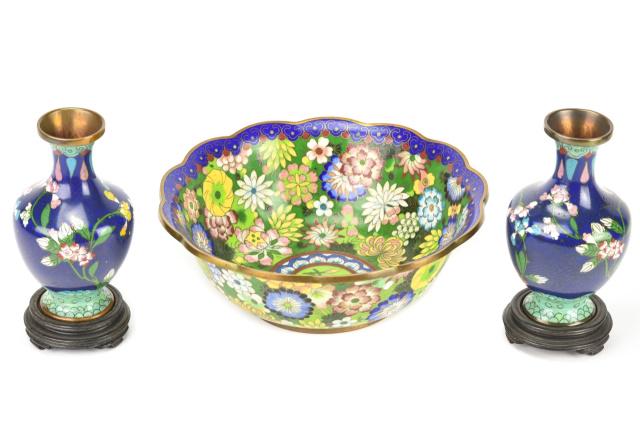 Chinese Cloisonne Bowl & 2 Vases with Floral Motif (1 of 8)