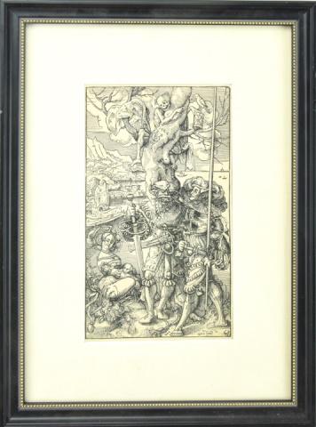 Antique Urs Graf Two Mercenaries & Woman Woodcut: Framed Antique Urs Graf "Two Mercenaries and a Woman" Woodcut. Urs Graf was a Swiss Renaissance goldsmith, painter and printmaker (1485-1529). Piece measures 8 inches high x 4.75 inches wide, framed m