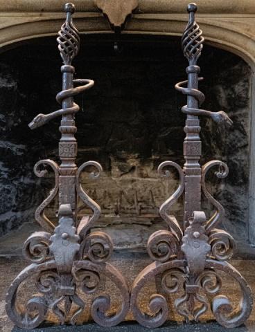 Antique Yellin Style Wrought Iron Andirons w Snake (1 of 9)