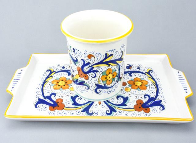 Hand Painted Italian Pottery Platter & Wine Bucket: Hand Painted Italian Pottery Platter & Wine Bucket. Made by Nova Deruta. Platter measures 15.5 x 8.5 inches.