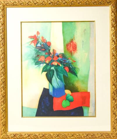 Claude Gaveau Framed Lithograph "Crazy Bouquet": Claude Gaveau Professionally Framed Lithograph "Crazy Bouquet", Signed and Numbered 8/150, by the Artist. Frame measures 42 inches x 35 inches, art measures 28 inches x 22 inches.