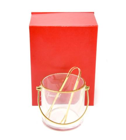 Baccarat Crystal Gilt Rimmed Ice Bucked w Tongs: Baccarat Crystal Gilt Rimmed Ice Bucked w Matching Tongs in Original Box. Bucket measures 5 inches x 5 inches x 5 inches. Tongs measures 6.5 inches.