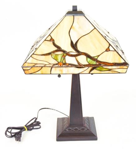 Arts & Crafts Bronze Tone Lamp w Slag Glass Shade: Arts & Crafts Style Bronze Tone Lamp with Slag Glass Shade. Measures 25 inches x 16 inches x 16 inches.