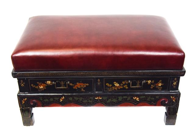 Antique Chinese Black Lacquer & Red Leather Bench (1 of 9)