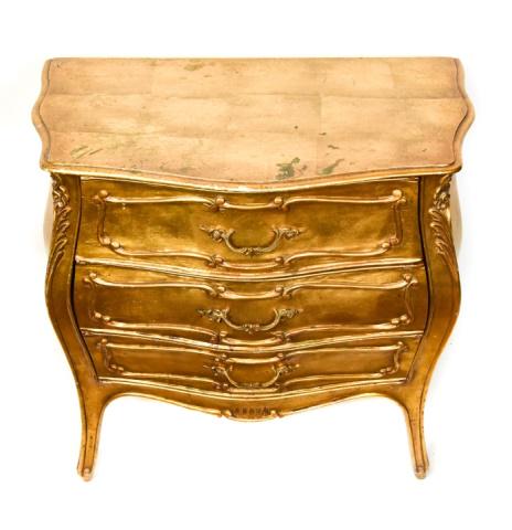 Louis XV Style Bombe Giltwood Nightstand: Louis XV Style Bombe Giltwood Nightstand. Measures 25.5 inches x 27 inches x 15.5 inches.