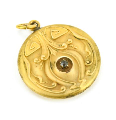 Antique C 1900 Art Nouveau Gold Filled Locket: Antique C 1900 Art Nouveau Gold Filled Locket Necklace Pendant. With stylized Greek Key design. Measures just over 1.5 inches in length.