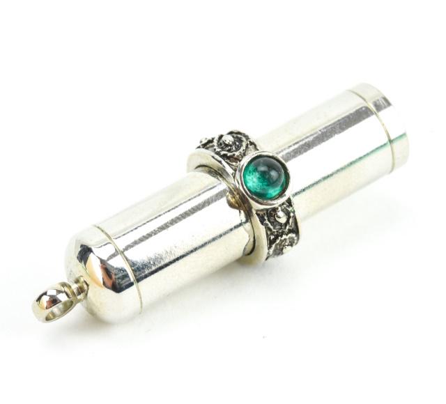 Flask / Vile Necklace Pendant w Green Cabochon: Flask / Vile Necklace Pendant w Green Cabochon. Bottom unscrews. Measures just over 1.5 inches in length.