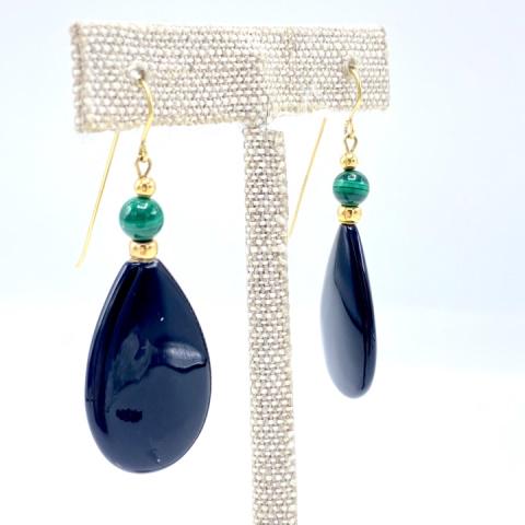 Pair Onyx Malachite & 14k Gold Statement Earrings (1 of 2)