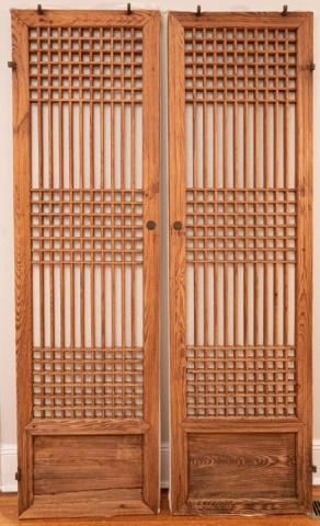 Pair Salvaged Traditional Hand Carved Korean Doors: Pair of Architectural Salvage Traditional Hand Carved Korean Doors with Hand Forged Hardware. Measures 72 inches x 20 inches x 2.5 inches.