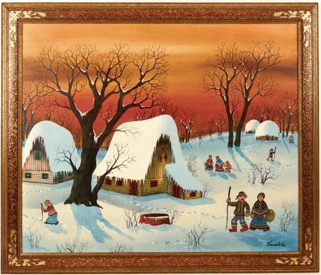Framed A. Kowalski Oil Painting of Winter Village: Framed A. Kowalski (Hungarian 20th Century) Oil on Canvas Painting of a Winter Village. Signed in bottom right corner. Painting measures 19.5 inches high x 23.5 inches wide. Frame measures 23.25 inche