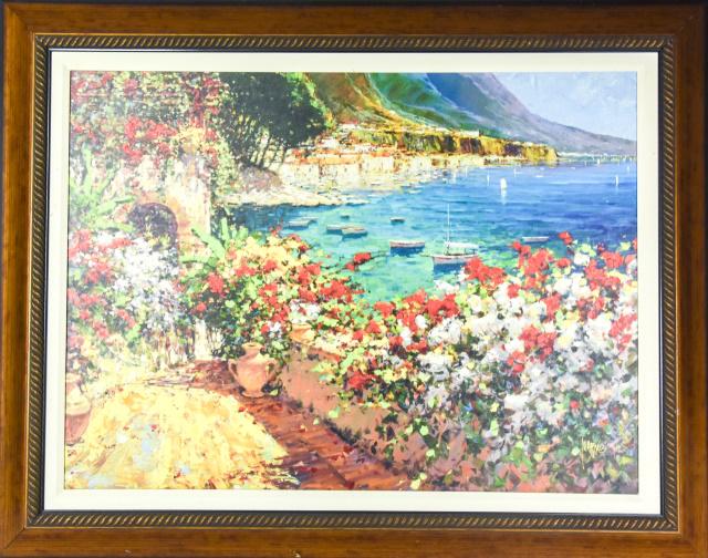 Large Marko Mavrovich Riviera Enhanced Giclee: Large Framed Marko Mavrovich (Croatian American, b.1960) "A Day of Sun on the Riviera" Enhanced Giclee on Canvas. Giclee measures 27 inches high x 37 inches wide. Frame measures 37.5 inches high x 47.