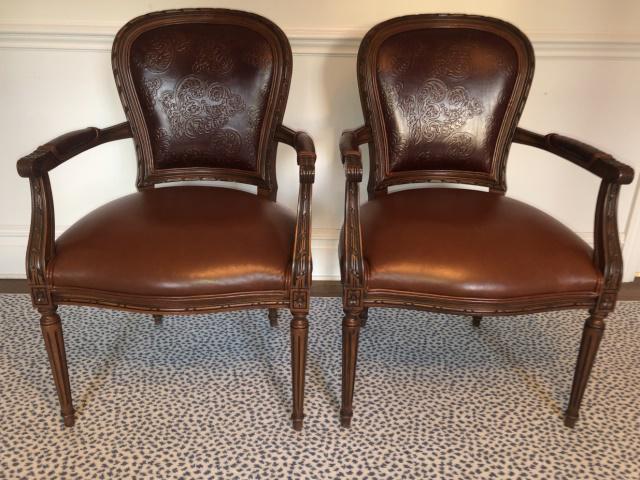 Pair of Carved Tooled Leather Captain Chairs (1 of 9)
