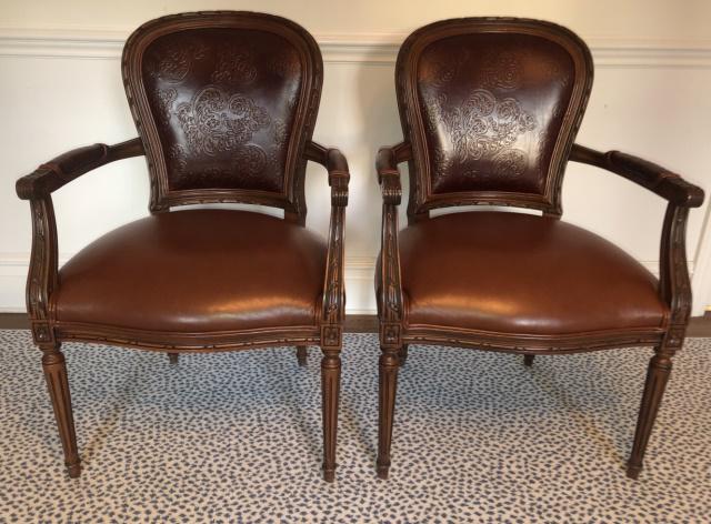 Pair of Carved Tooled Leather Captain Chairs (1 of 9)