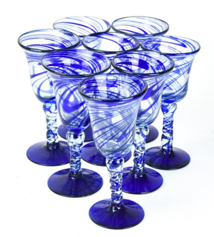 Set Hand Blown Blue Swirl Art Glass Stemware (1 of 10)