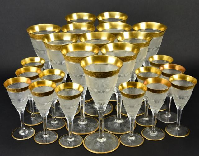 Antique Gilt Rimmed Bavarian Etched Glassware: Antique Gilt Rimmed Bavarian Etched Glassware Wine Glasses. Includes 12 large wine glasses and 12 small wine glasses. Large glasses measures 8.5 inches x 4 inches x 4 inches.