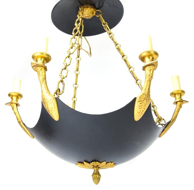 Neoclassical Gilt Bronze 6 Arm Chandelier: Neoclassical Gilt Bronze 6 Arm Chandelier w Bacchus Motif. Measures 21 inches x 21 inches x 26 inches.