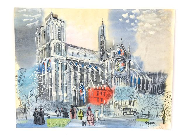 Charles Cobelle Cathedral Watercolor on Board: Charles Cobelle Cathedral Watercolor on Board. Unframed, Painterly, Brightly colored watercolor. Measures 25.75 inches x 19.75 inches.