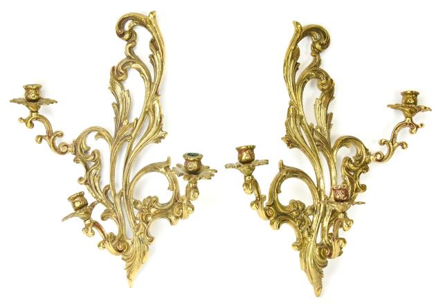 Pair Rococo Style Gilt Bronze 3 Candle Sconces (1 of 10)