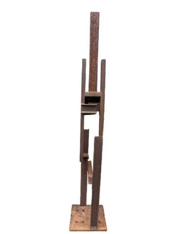 Jeff Owen Modern Abstract Steel Outdoor Sculpture: Jeff Owen Modern Abstract Steel Outdoor Sculpture. Signed on base. Measures 80 inches x 15 inches x 12 inches.