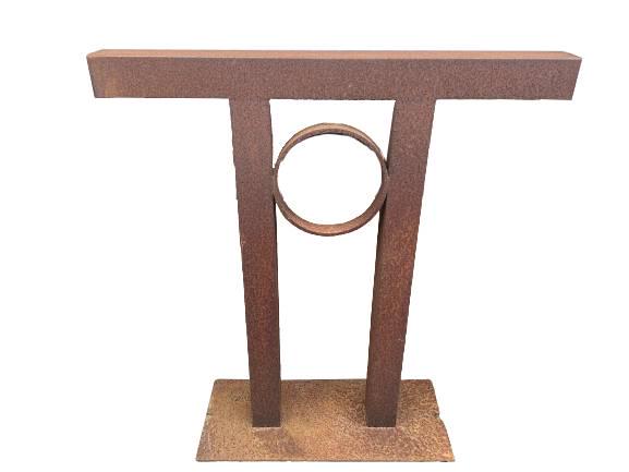Jeff Owen Modern Abstract Steel Outdoor Sculpture: Jeff Owen Modern Abstract Steel Outdoor Sculpture. Signed on base. Measures 44 inches x 40 inches x 12.5 inches.