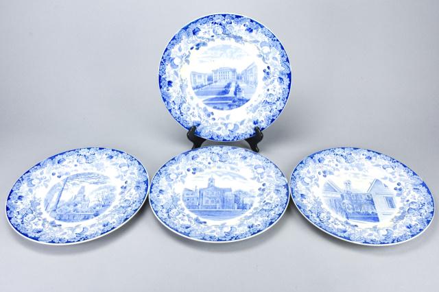 Set 4 Antique Wedgwood Harvard University Plates: Set 4 Antique Wedgwood Harvard University Commemorative Plates. Each plate depicts a different building on campus. Marked on back. Measures 10.5 inches in diameter.
