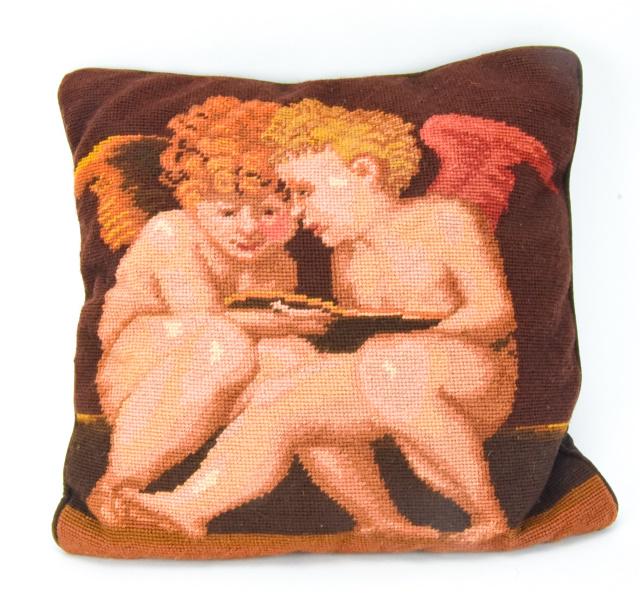 Needlepoint Tapestry Throw Pillow w Two Cherubs (1 of 6)