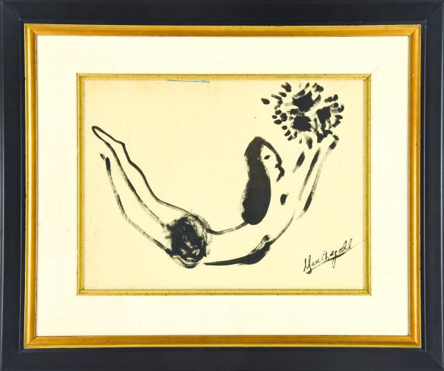 Marc Chagall Ink Drawing of Nude Signed and Framed: Marc Chagall Ink Drawing of Nude Signed and Framed. From the Estate of a Private Physician. Chagall was a patient of the Dr. in the 1960's. Frame measures 16 inches x 18 inches, art measures 9 inches