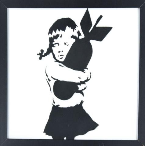 Banksy Dismaland Souvenir Framed Signed Girl Bomb: Banksy Dismaland Souvenir Framed and Signed Girl Hugging Bomb Spray Paint on Canvas with Dismaland Certificate. Signed On the Wood Frame Behind Canvas and Stamped on Back of Canvas with a Dismaland In