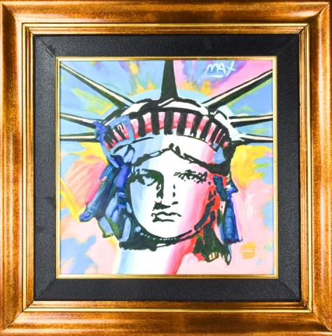 Peter Max Mixed Media Painting Liberty Head Signed: After Peter Max Mixed Media Painting Liberty Head Framed and Signed. From the Estate of a Private Physician. Framed measures 28 inches x 27 inches, art measures 17 inches x 17 inches