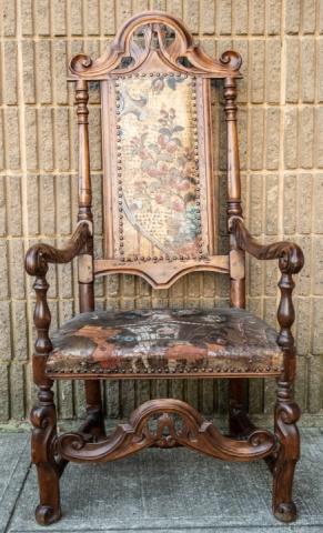Antique Baroque Revival Hand Painted Armchair: Antique Baroque Revival Hand Painted Armchair. Armchair with hand painted with flowers, birds, and c-scrolls. Measures 50 inches x 24.5 inches x 18 inches x 17.5 inches from floor to seat.