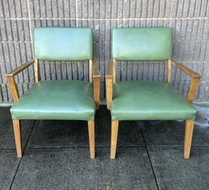 Pair Mid C Faux Leather Armchairs w Nailhead Trim: Pair Mid Century Faux Leather Armchairs with Nailhead Trim. Measures 31 inches x 25 inches x 22 inches x 16 inches from floor to seat.