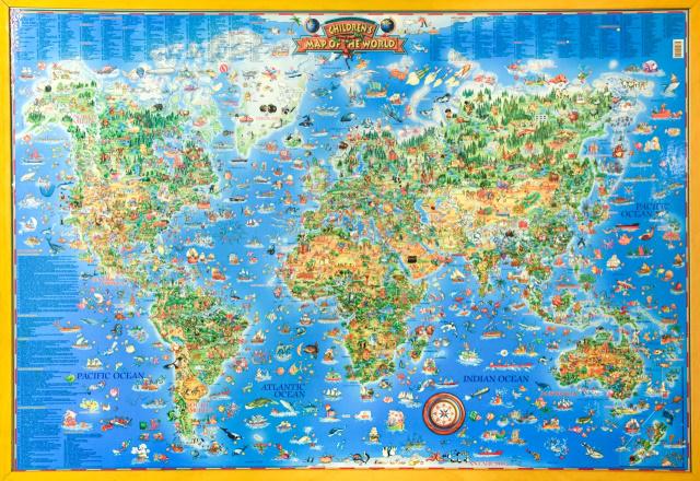 Vintage Mounted Children's Map of the World: Vintage Mounted Children's Map of the World. 1999 edition Idea Productions, English Edition. Mounted and framed for hanging. 39 inches x 56 inches