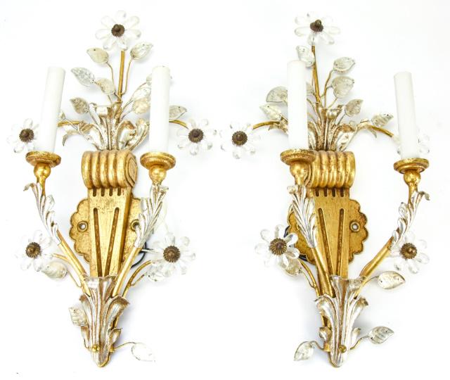 Pair Gilt Banci Sconces w Crystal Floral Motif (1 of 8)