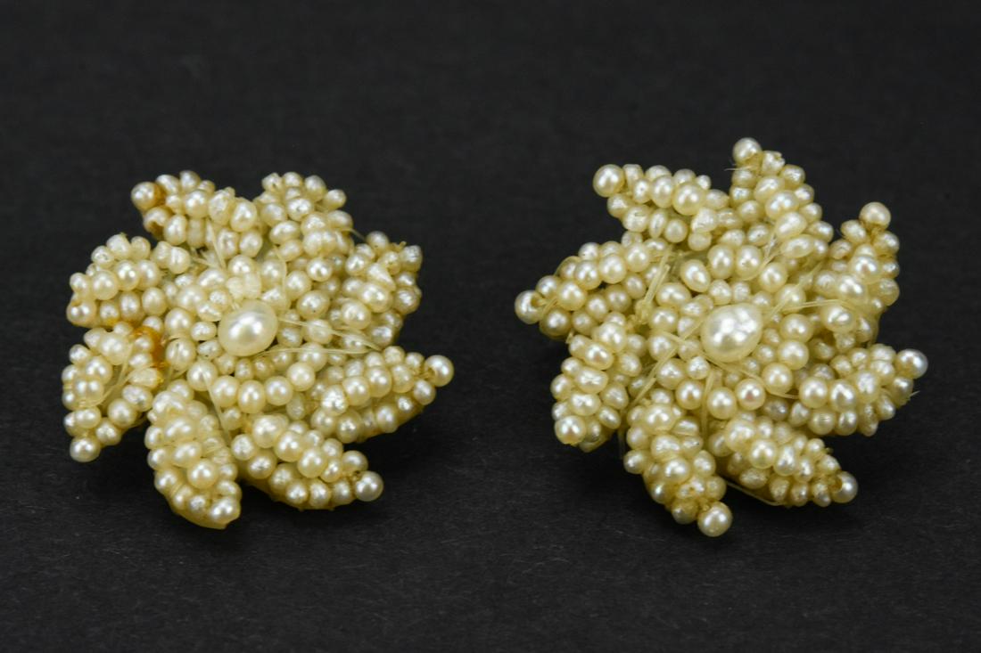 Antique English Georgian Era Gold & Pearl Earrings: Antique English Georgian Era Gold & Pearl Earrings. The ear wire is 10kt gold, having small seed pearls beaded onto mother of pearl plaques. Each measures .75 of an inch in diameter.